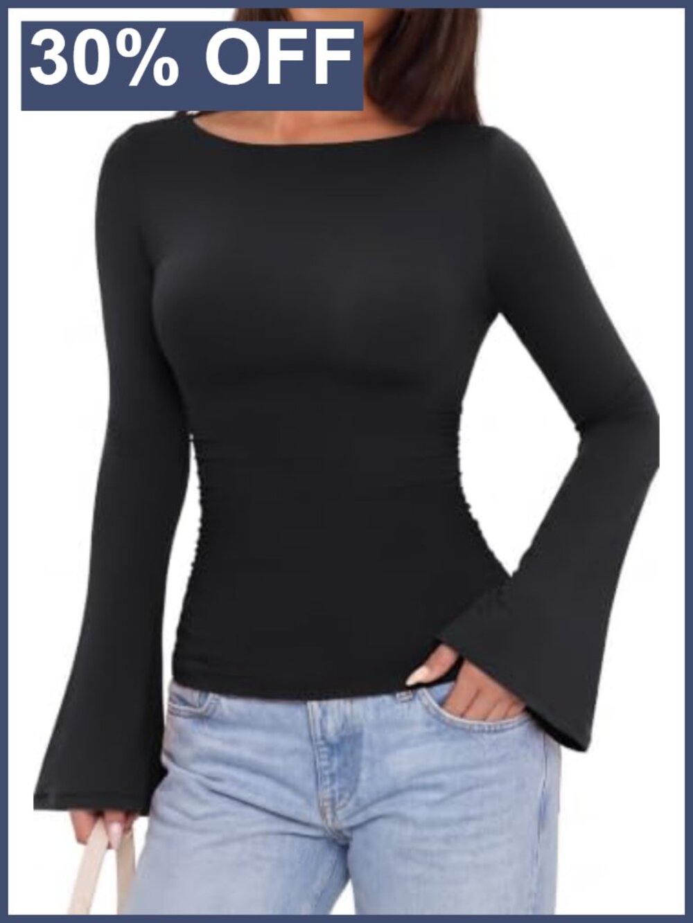 Women Bell Sleeve Fitted T-Shirt Double Lined Stretch Going Out Top